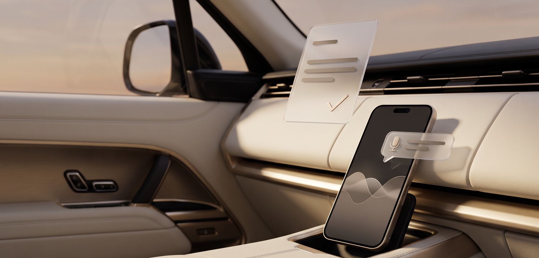 Ein Handy im Auto mit einer eingesprochenen Nachricht; darüber schwebt das Angebot, das der Assistent daraus gemacht hat.