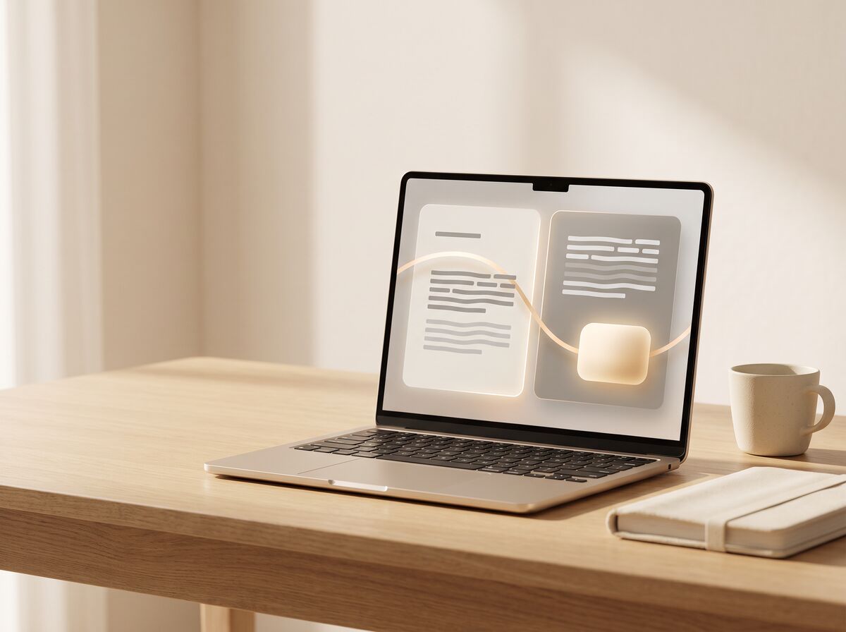 Ein Laptop, links eine Mail, rechts die Antwort, die der Assistent vorbereitet hat.