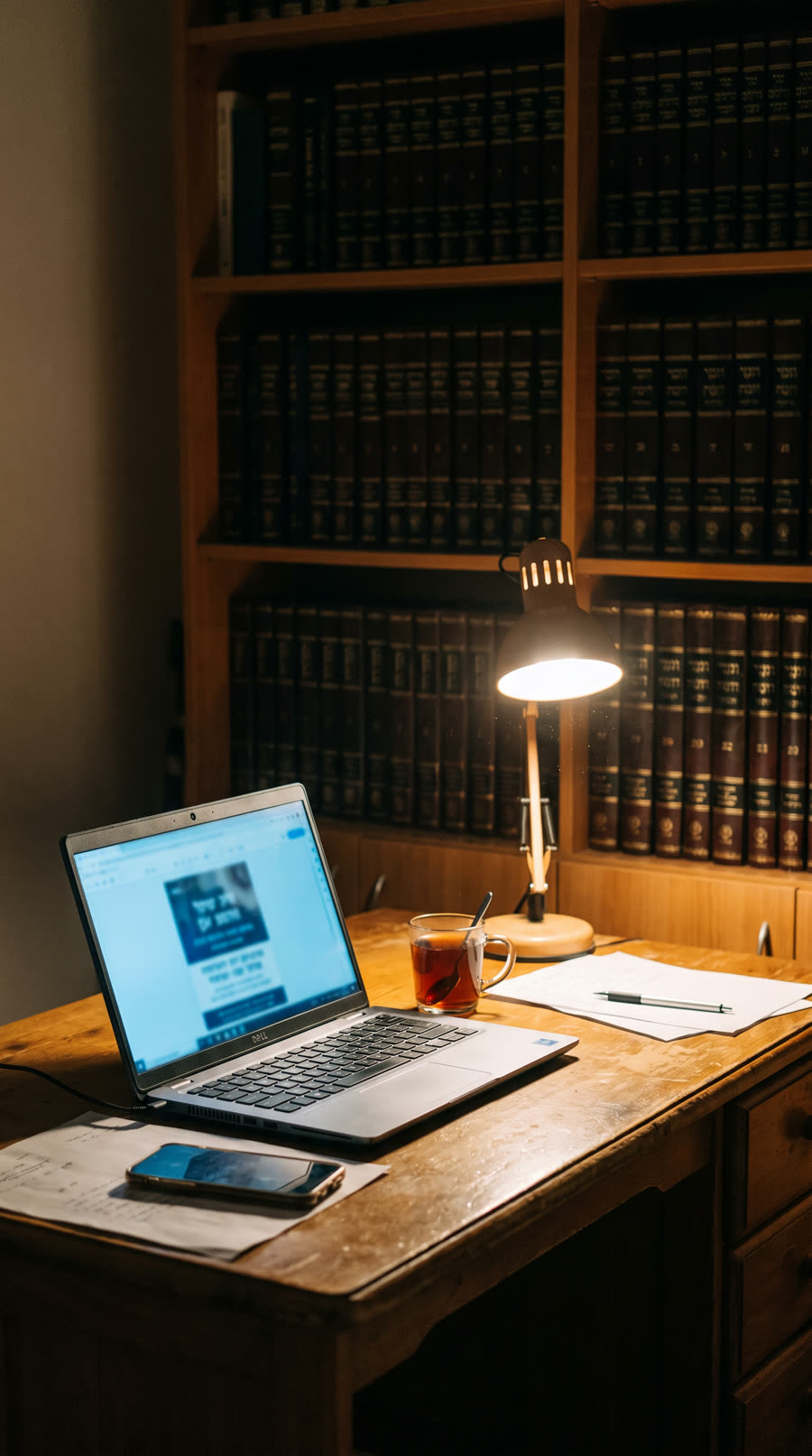 A shliach's desk late at night: a half-finished flyer on the laptop screen, tea going cold, the phone face-up beside it.